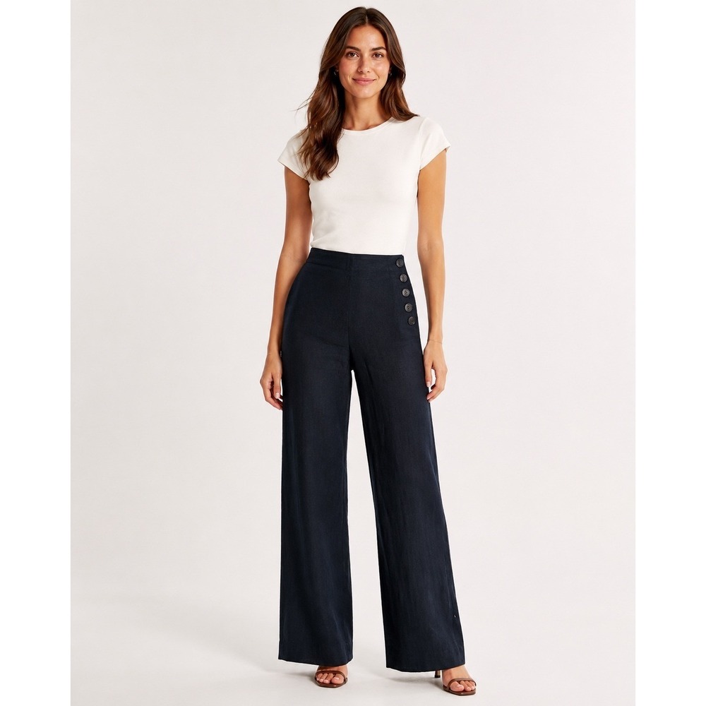 Anthropologie Elevenses Wide Leg Pants Women 2 Sailor High Rise Linen Blend